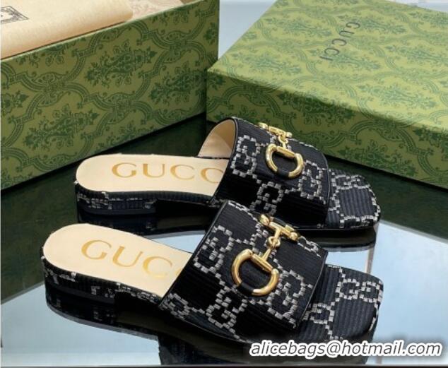 Good Quality Gucci Horsebit GG Fabric Flat Slide Sandals Black 901087