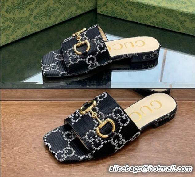 Good Quality Gucci Horsebit GG Fabric Flat Slide Sandals Black 901087