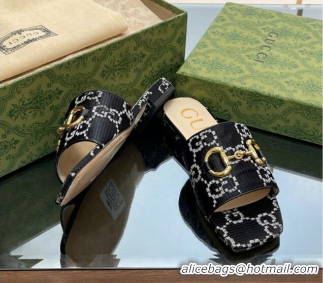 Good Quality Gucci Horsebit GG Fabric Flat Slide Sandals Black 901087