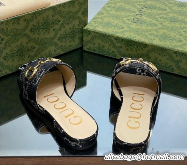 Good Quality Gucci Horsebit GG Fabric Flat Slide Sandals Black 901087