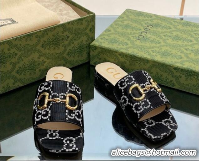 Good Quality Gucci Horsebit GG Fabric Flat Slide Sandals Black 901087