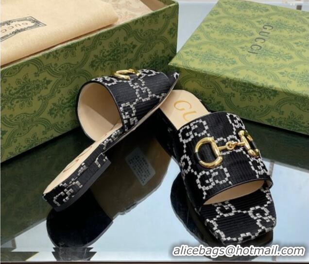 Good Quality Gucci Horsebit GG Fabric Flat Slide Sandals Black 901087