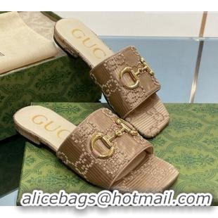 Big Discount Gucci Horsebit GG Fabric Flat Slide Sandals Beige 901089