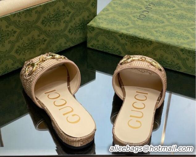 Big Discount Gucci Horsebit GG Fabric Flat Slide Sandals Beige 901089