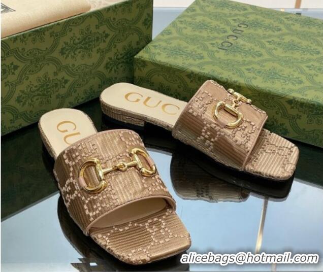 Big Discount Gucci Horsebit GG Fabric Flat Slide Sandals Beige 901089