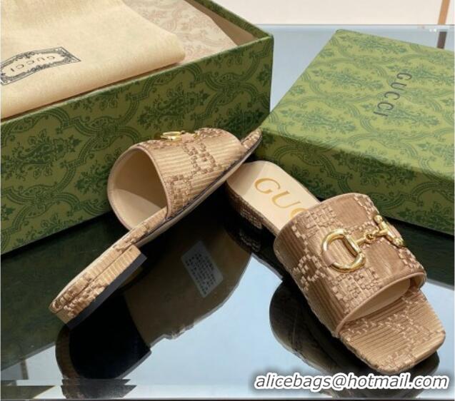 Big Discount Gucci Horsebit GG Fabric Flat Slide Sandals Beige 901089