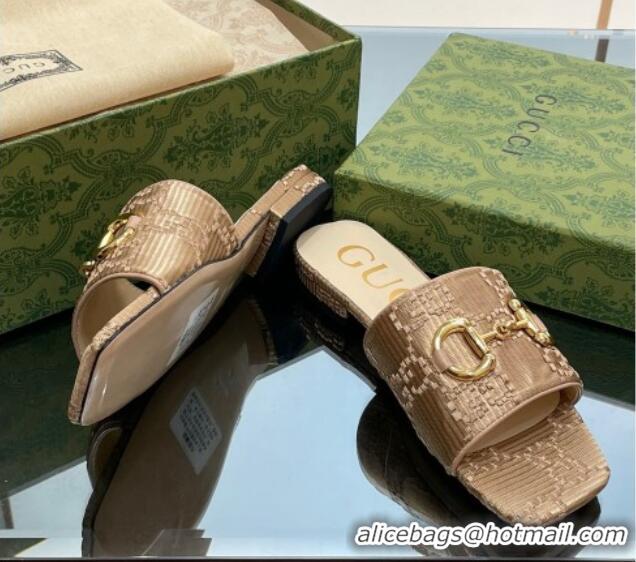 Big Discount Gucci Horsebit GG Fabric Flat Slide Sandals Beige 901089