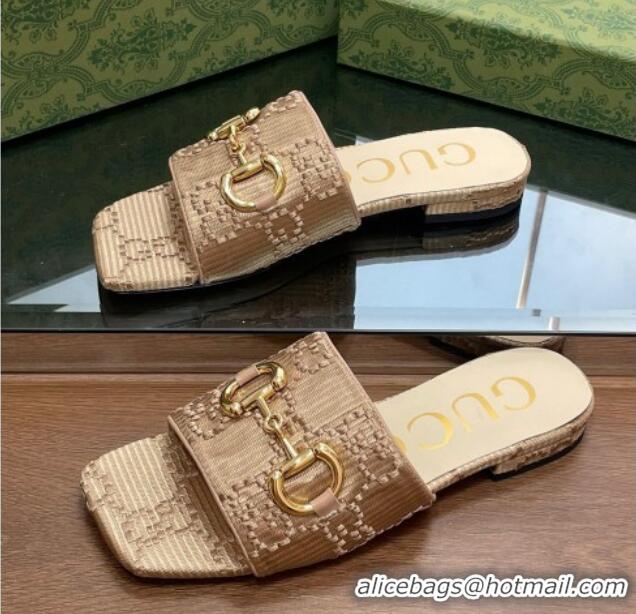 Big Discount Gucci Horsebit GG Fabric Flat Slide Sandals Beige 901089