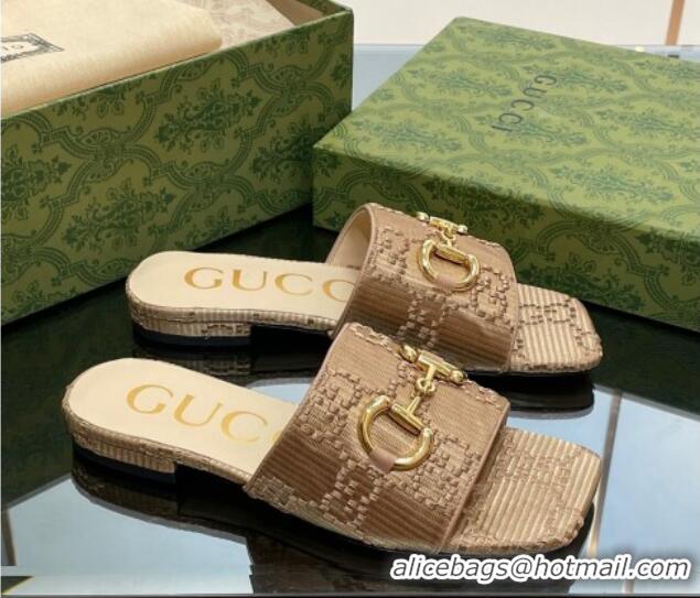 Big Discount Gucci Horsebit GG Fabric Flat Slide Sandals Beige 901089