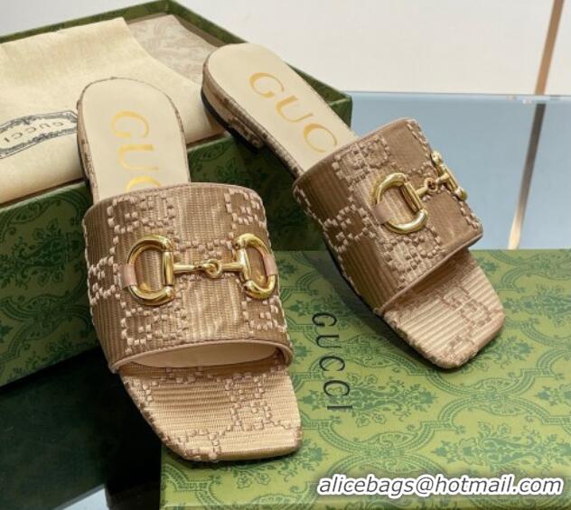 Big Discount Gucci Horsebit GG Fabric Flat Slide Sandals Beige 901089