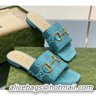 Charming Gucci Horsebit GG Fabric Flat Slide Sandals Light Blue 901090