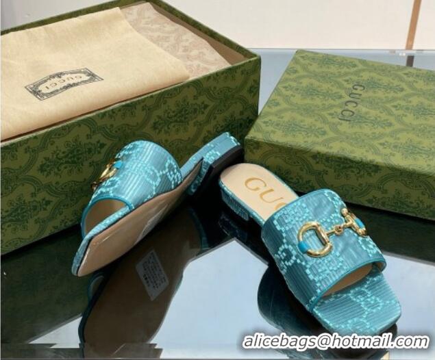 Charming Gucci Horsebit GG Fabric Flat Slide Sandals Light Blue 901090