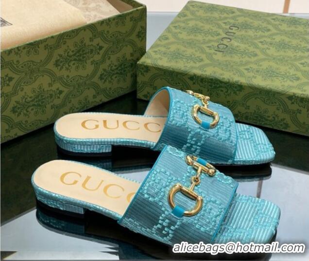 Charming Gucci Horsebit GG Fabric Flat Slide Sandals Light Blue 901090