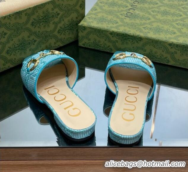 Charming Gucci Horsebit GG Fabric Flat Slide Sandals Light Blue 901090