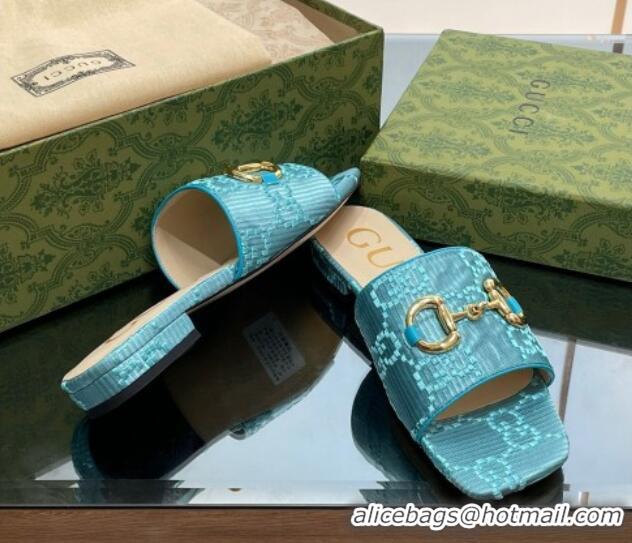 Charming Gucci Horsebit GG Fabric Flat Slide Sandals Light Blue 901090