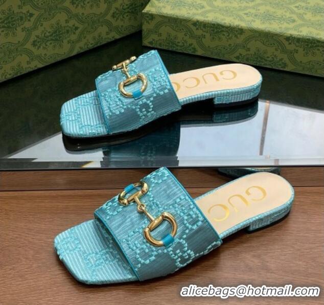 Charming Gucci Horsebit GG Fabric Flat Slide Sandals Light Blue 901090