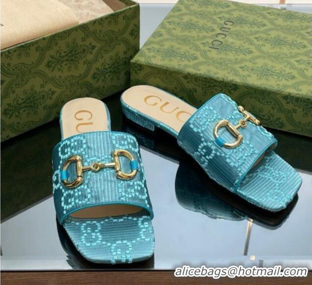 Charming Gucci Horsebit GG Fabric Flat Slide Sandals Light Blue 901090