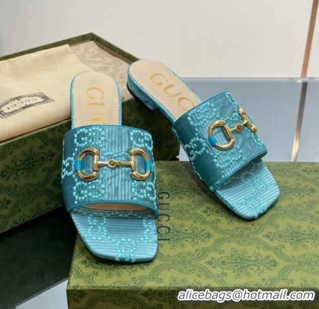 Charming Gucci Horsebit GG Fabric Flat Slide Sandals Light Blue 901090