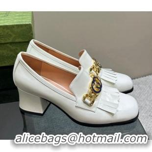 Luxury Gucci Shiny Leather Loafers with Chain GG and Fringe White 901092