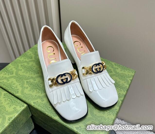 Luxury Gucci Shiny Leather Loafers with Chain GG and Fringe White 901092