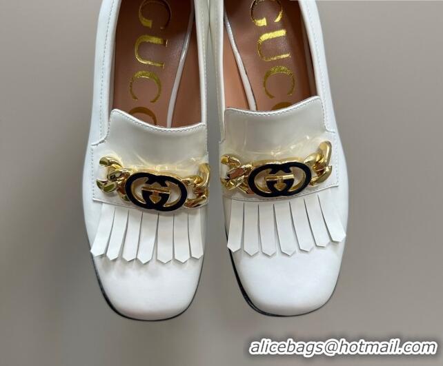 Luxury Gucci Shiny Leather Loafers with Chain GG and Fringe White 901092