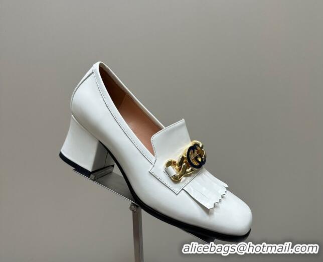 Luxury Gucci Shiny Leather Loafers with Chain GG and Fringe White 901092