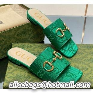 Luxury Cheap Gucci Horsebit GG Fabric Flat Slide Sandals Green 901091