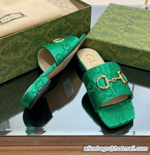 Luxury Cheap Gucci Horsebit GG Fabric Flat Slide Sandals Green 901091