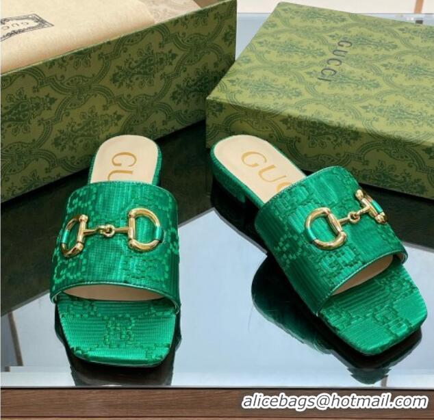 Luxury Cheap Gucci Horsebit GG Fabric Flat Slide Sandals Green 901091