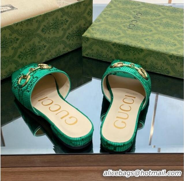 Luxury Cheap Gucci Horsebit GG Fabric Flat Slide Sandals Green 901091