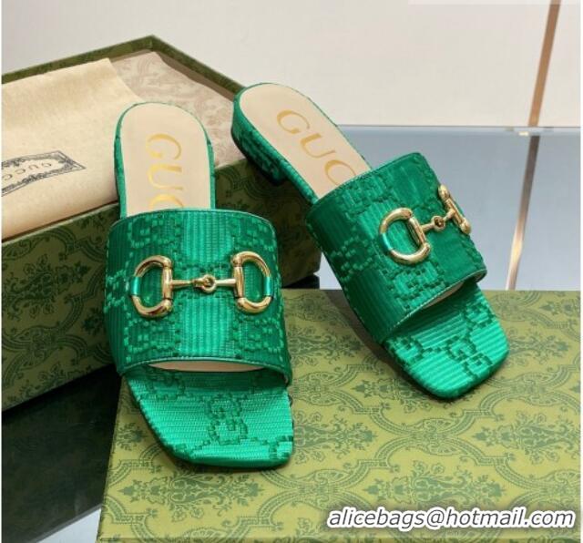 Luxury Cheap Gucci Horsebit GG Fabric Flat Slide Sandals Green 901091