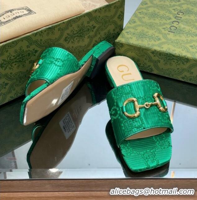 Luxury Cheap Gucci Horsebit GG Fabric Flat Slide Sandals Green 901091