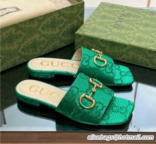 Luxury Cheap Gucci Horsebit GG Fabric Flat Slide Sandals Green 901091