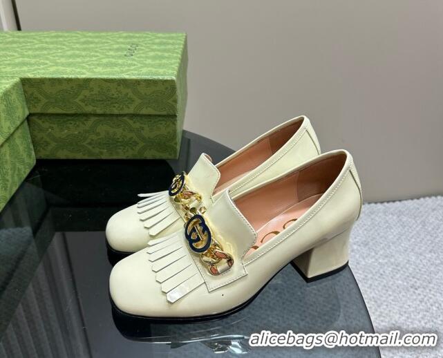 Good Product Gucci Leather Loafers with Chain GG and Fringe Light Yellow 901093