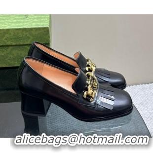 Hot Style Gucci Leather Loafers with Chain GG and Fringe Black 901094