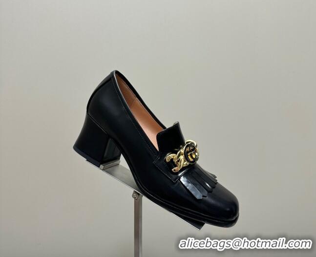 Hot Style Gucci Leather Loafers with Chain GG and Fringe Black 901094