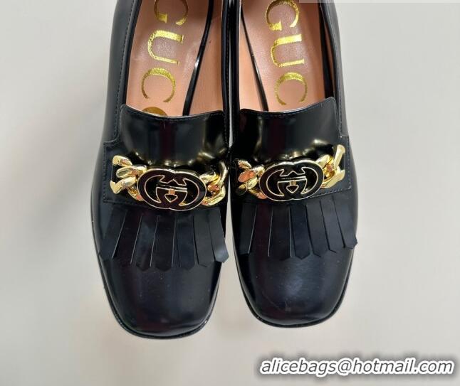 Hot Style Gucci Leather Loafers with Chain GG and Fringe Black 901094