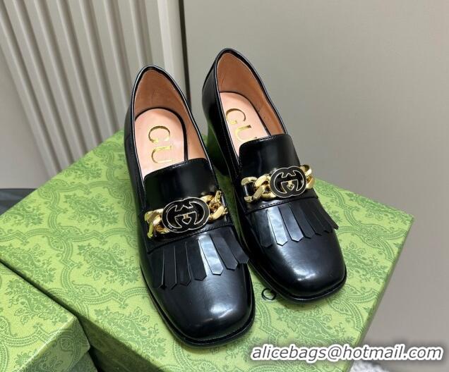 Hot Style Gucci Leather Loafers with Chain GG and Fringe Black 901094