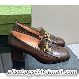 Grade Gucci Leather Loafers with Chain GG and Fringe Brown 901095