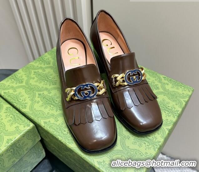 Grade Gucci Leather Loafers with Chain GG and Fringe Brown 901095