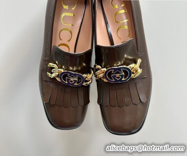 Grade Gucci Leather Loafers with Chain GG and Fringe Brown 901095