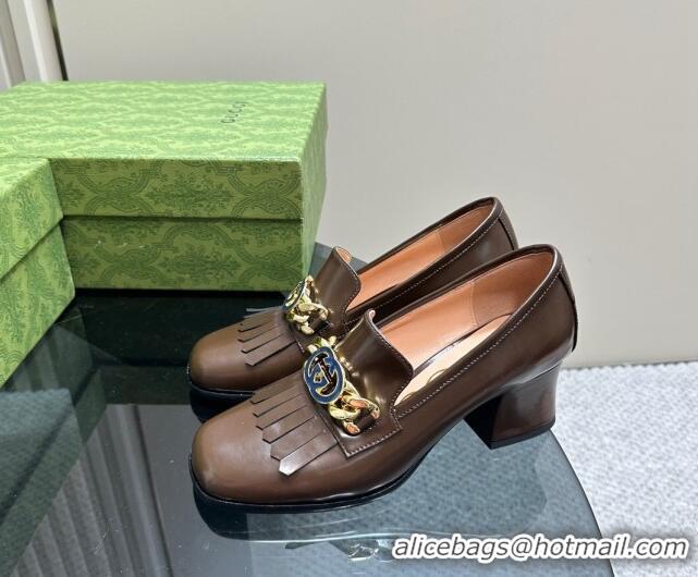 Grade Gucci Leather Loafers with Chain GG and Fringe Brown 901095