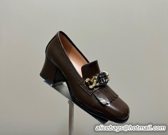 Grade Gucci Leather Loafers with Chain GG and Fringe Brown 901095