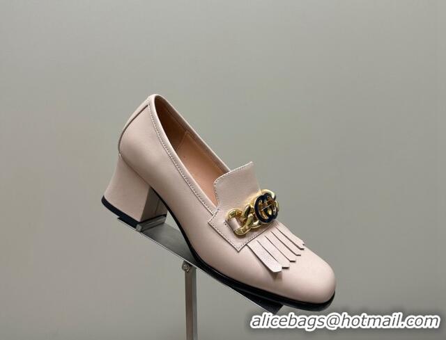 Stylish Gucci Leather Loafers with Chain GG and Fringe Light Pink 901096