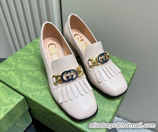 Stylish Gucci Leather Loafers with Chain GG and Fringe Light Pink 901096