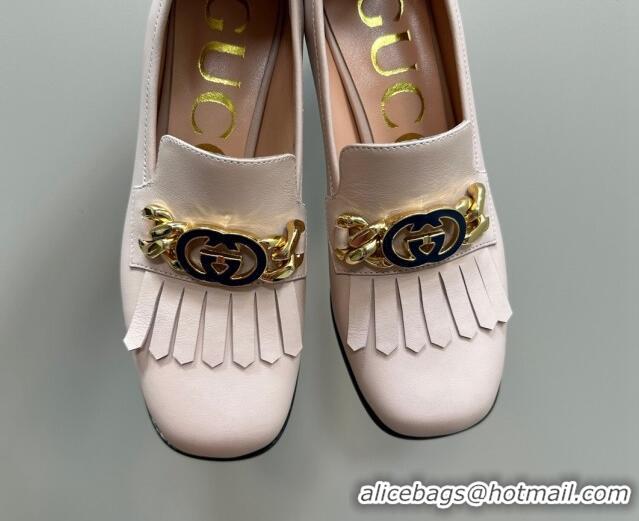 Stylish Gucci Leather Loafers with Chain GG and Fringe Light Pink 901096