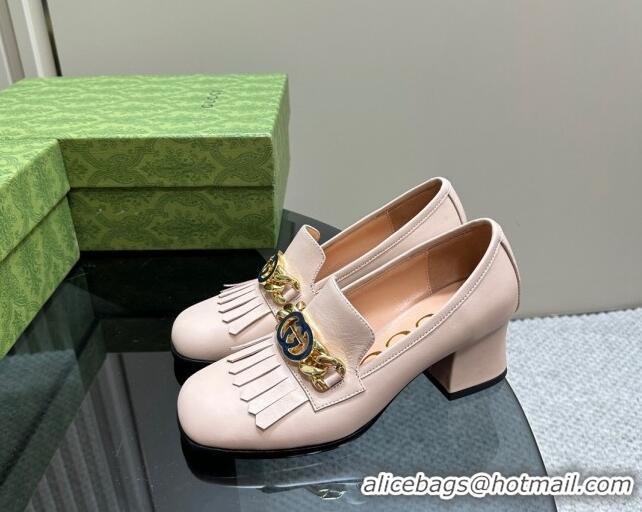 Stylish Gucci Leather Loafers with Chain GG and Fringe Light Pink 901096