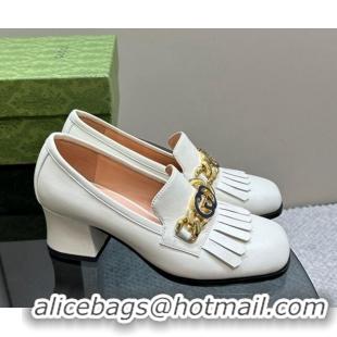 1:1 aaaaa Gucci Leather Loafers with Chain GG and Fringe White 901097