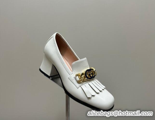 1:1 aaaaa Gucci Leather Loafers with Chain GG and Fringe White 901097