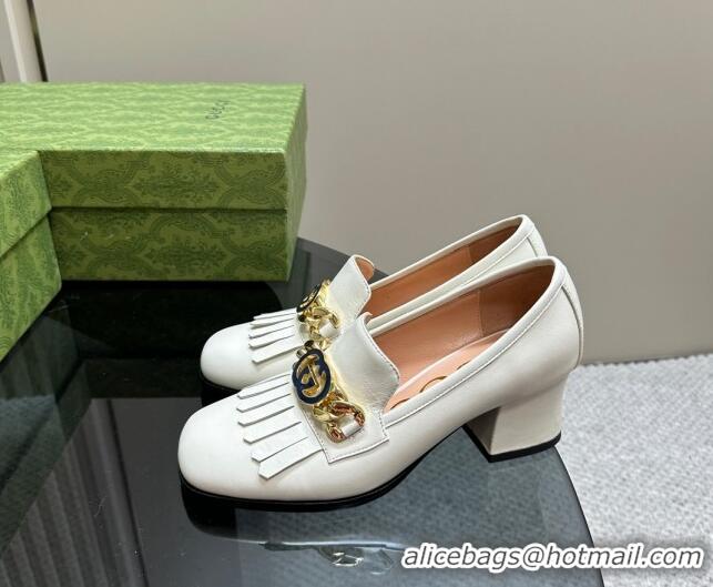 1:1 aaaaa Gucci Leather Loafers with Chain GG and Fringe White 901097